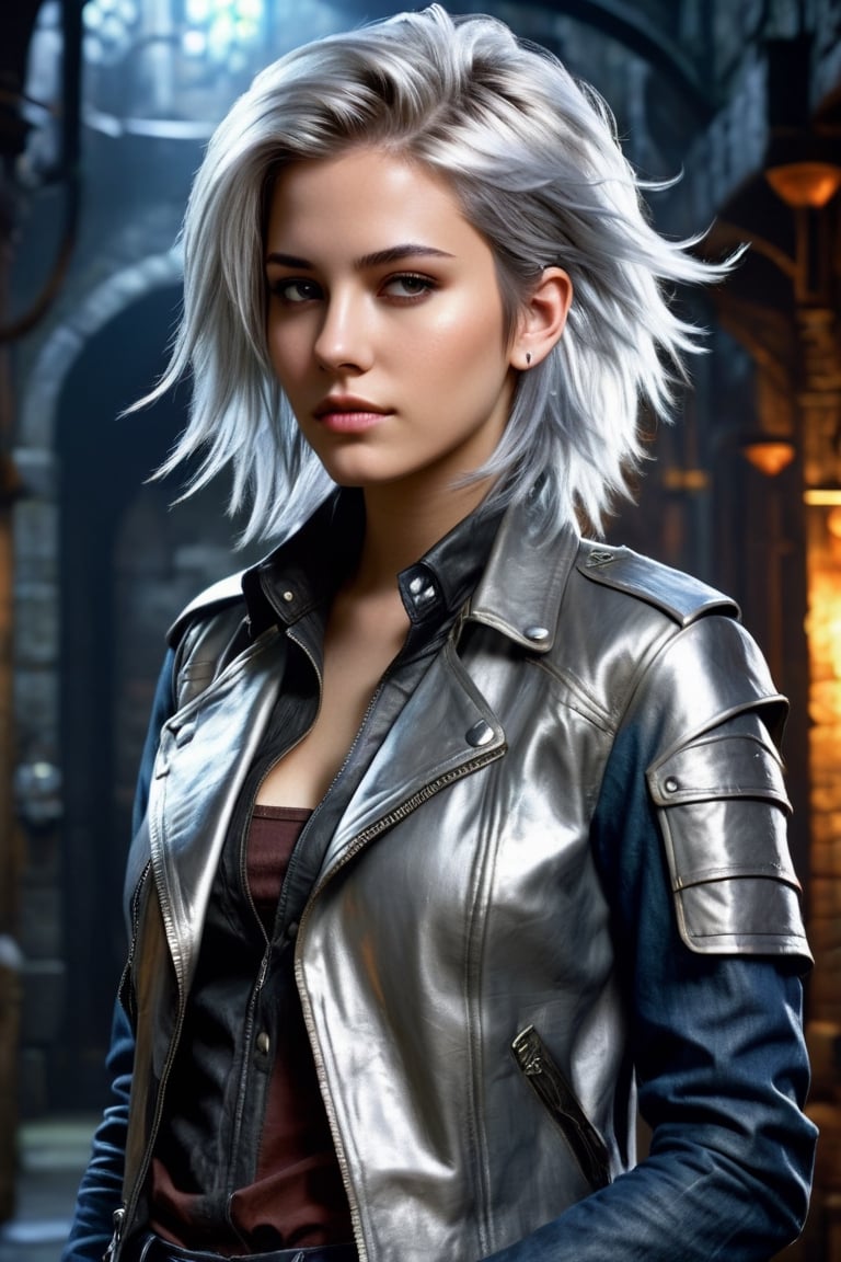 highly detailed, beautiful young woman, 20 years old, metallic silver hair, casual shirt, leather jacket, jeans, boots, ultra detailed face, (very detailed hair), rebels shelter background, fusion of final fantasy videogame and dungeon & dragons realm, high contrast, flat colors, cel shaded, Magical Fantasy,portrait