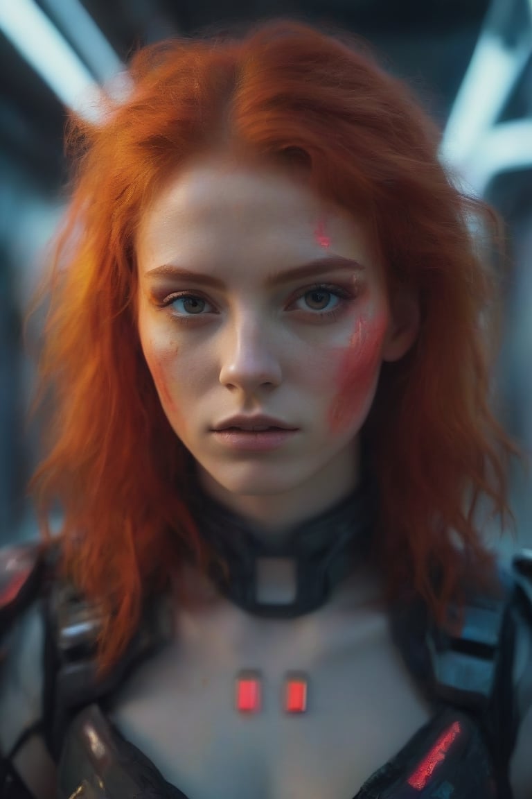 Best quality, Raw photo, face portrait, a young cyborg woman with fiery red hair. Her face fills the frame, bathed in neon hues, exuding determination and mystery amidst a futuristic backdrop