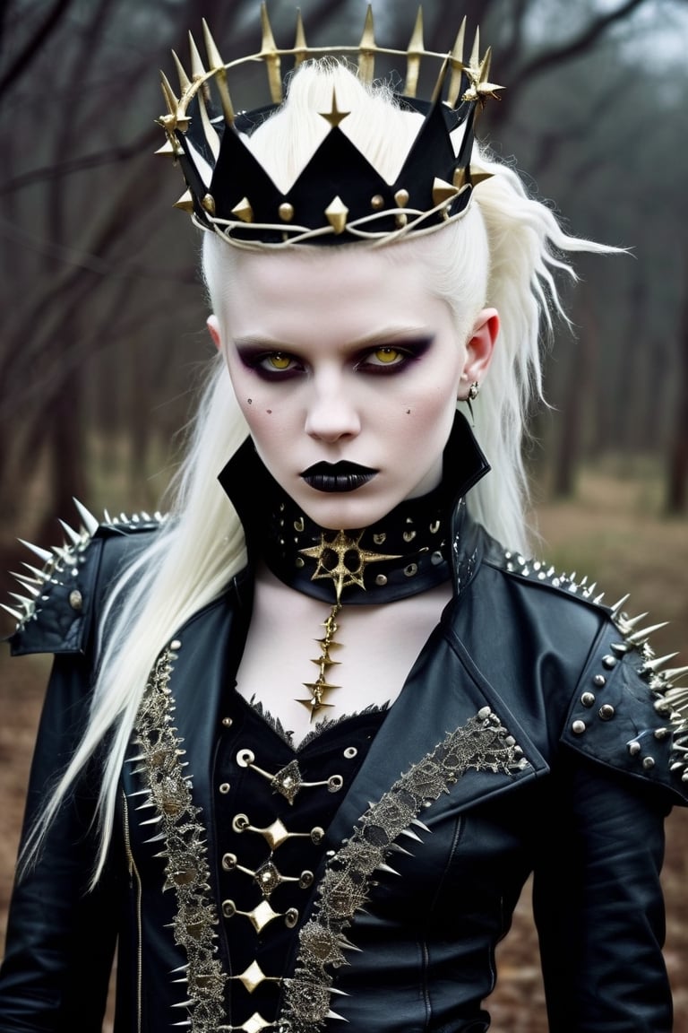 (cowboy shot),albino vampire young girl,Pure White long Pigtale, Glittering golden eyes, adorned in a Gothic punk rock ensemble, spikes crown of thorns, more, with a medieval twist, blending elements of both eras into a captivating and unique style,Her attire features dark, edgy fabrics like leather and lace,,goth person