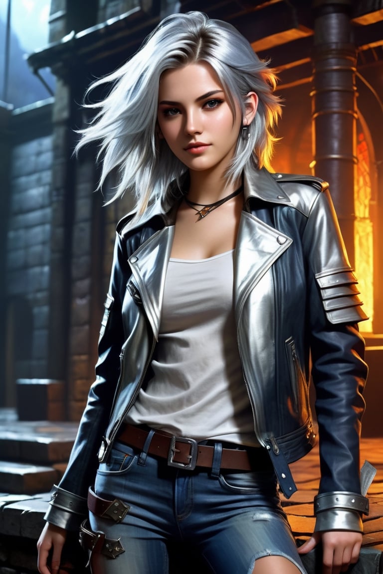 highly detailed illustration in anime style, rpg style, beautiful young woman, 20 years old, metallic silver hair, casual shirt, leather jacket, jeans, boots, ultra detailed face, (very detailed hair), rebels shelter background, fusion of final fantasy videogame and dungeon & dragons realm, high contrast, flat colors, cel shaded, by Richard Anderson,Magical Fantasy style,3d toon style,portraitart