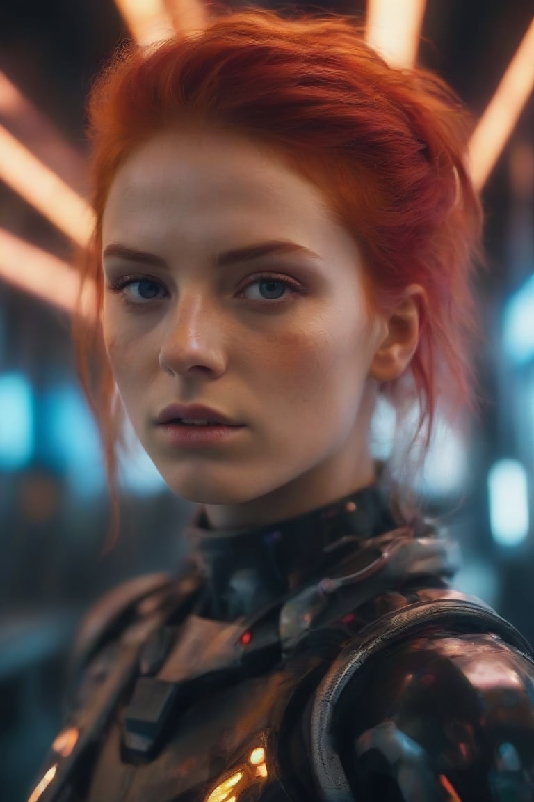 Best quality, Raw photo, face portrait, a young cyborg woman with fiery red hair. Her face fills the frame, bathed in neon hues, exuding determination and mystery amidst a futuristic backdrop