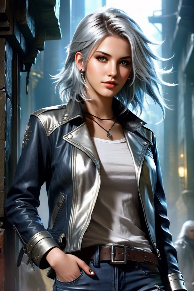 highly detailed illustration in anime style, rpg style, beautiful young woman, 20 years old, metallic silver hair, casual shirt, leather jacket, jeans, boots, ultra detailed face, (very detailed hair), rebels shelter background, fusion of final fantasy videogame and dungeon & dragons realm, high contrast, flat colors, cel shaded, by Richard Anderson,Magical Fantasy style,3d toon style,portraitart