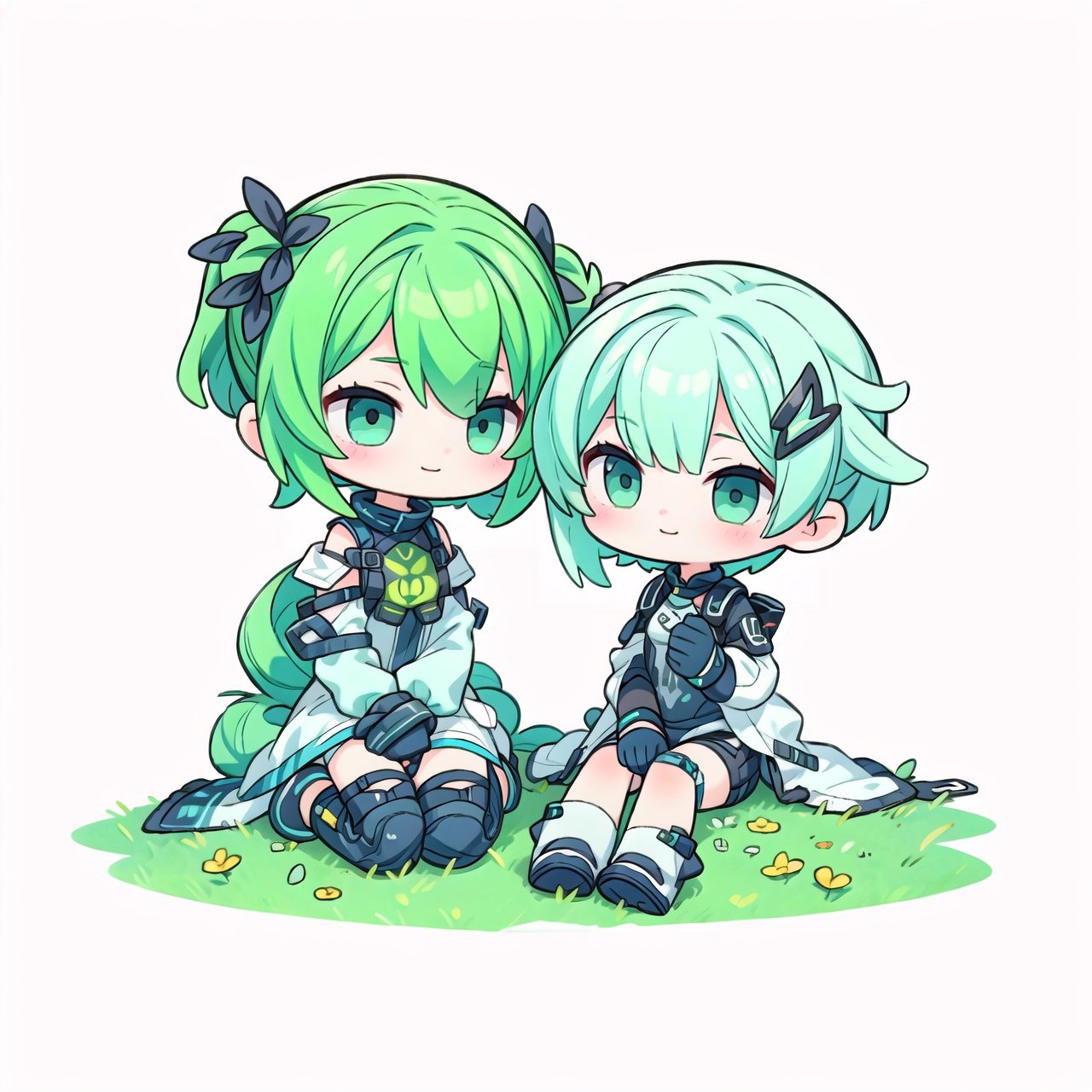 ((2girl)), :),green hair, short hair,  full body,,sit,sit on the ground, (white background),chibi,gfl