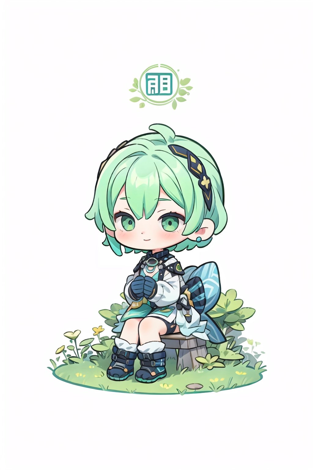 ((1girl)), :),green hair, short hair,  full body,sit,sit on the ground,city, (white background),chibi