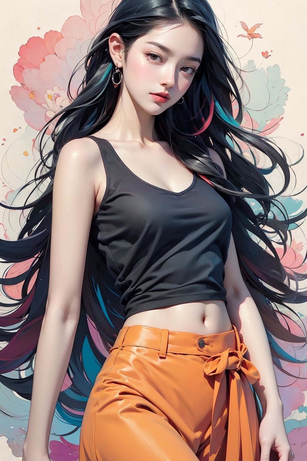 extreme detailed, (masterpiece), (top quality), (best quality), (official art), (beautiful and aesthetic:1.2), (stylish pose), (1 woman), (colorful), (multicolor theme: 1.5), ppcp, medium length skirt, looking into distance, long wave black hair, show navel, random graceful pose, wearing a white tank top with lace, small breasts, extra big hips, full body, black eyes,
perfect,ChineseWatercolorPainting,Chromaspots,fairy,pastelbg,1girl,Half Color,neon background,gongbiv,red dress,colorful_girl,masterpiece