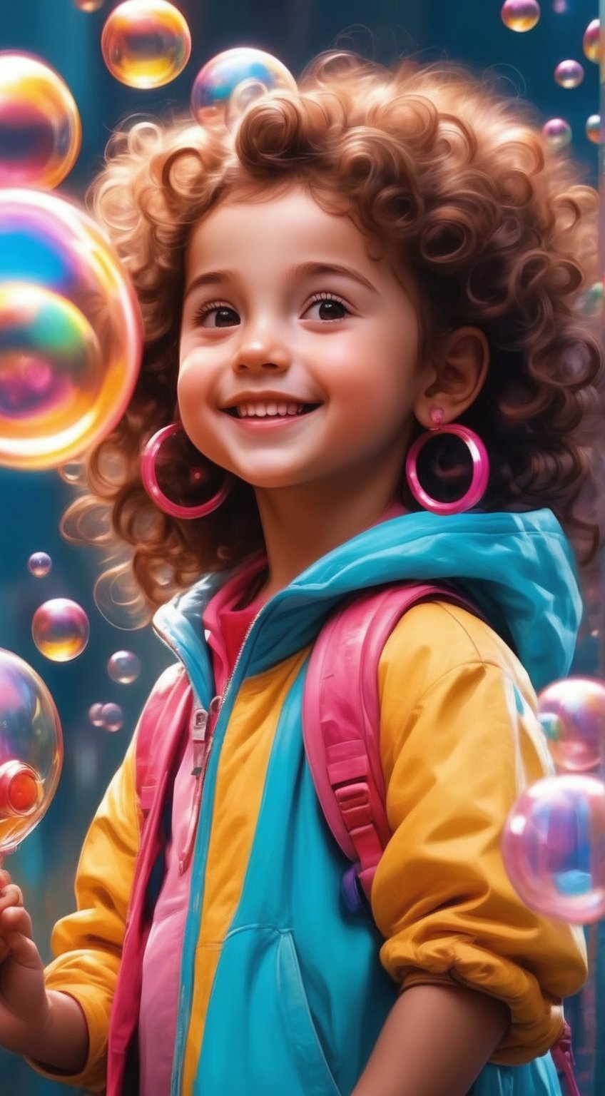 A young girl with a bright smile and sparkling brown eyes gazes directly at the viewer, her curly brown locks framing her heart-shaped face. She wears a pair of dangling earrings that catch the light as she holds up a colorful soap bubble gun, blowing a delicate bubble that floats softly in front of her hooded head.