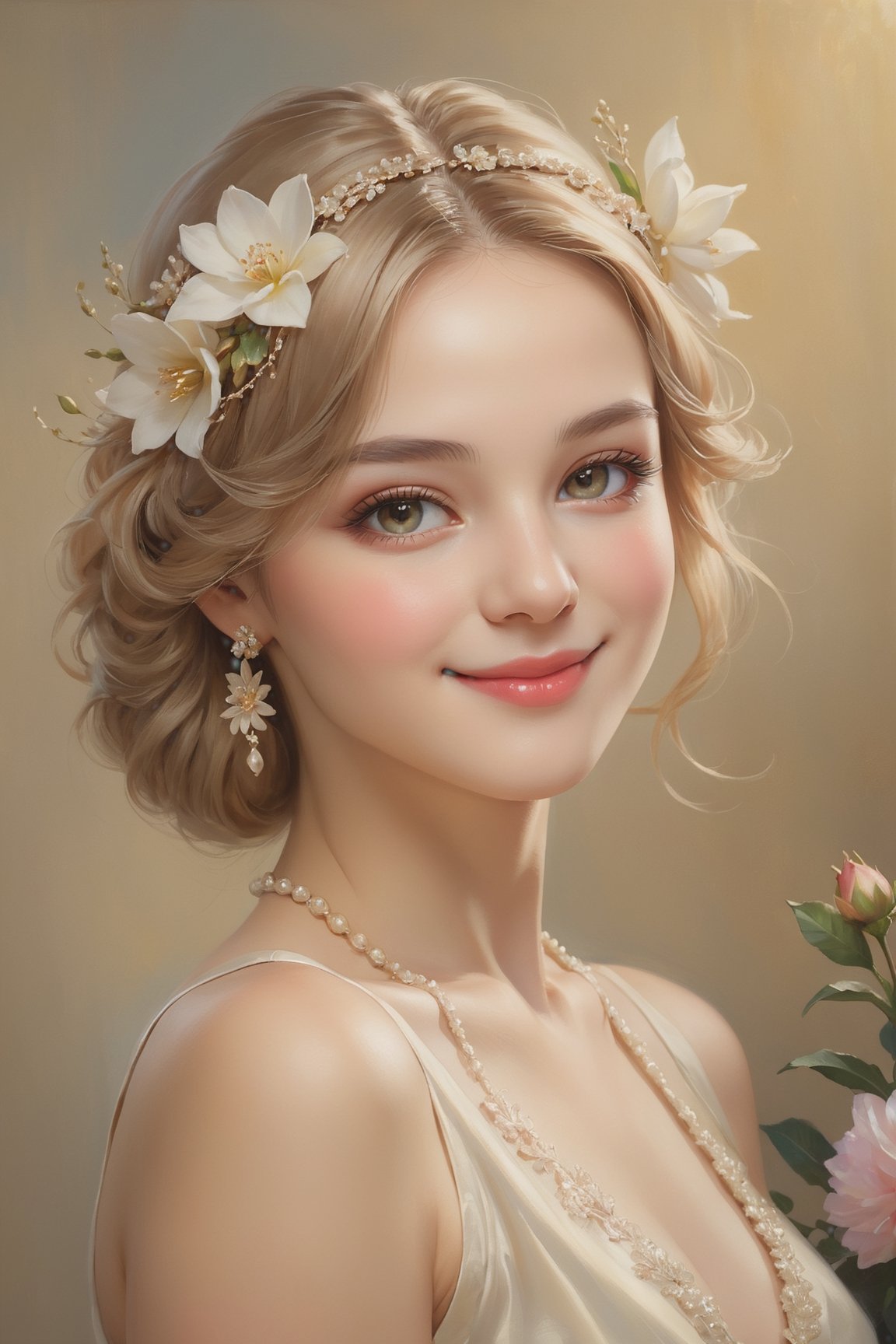 Classic Portrait Painting: Timeless elegance, realistic depiction, mediable fasshion, soft lighting, capturing character., detailed skin, elegant smiling, flower_hair_ornament