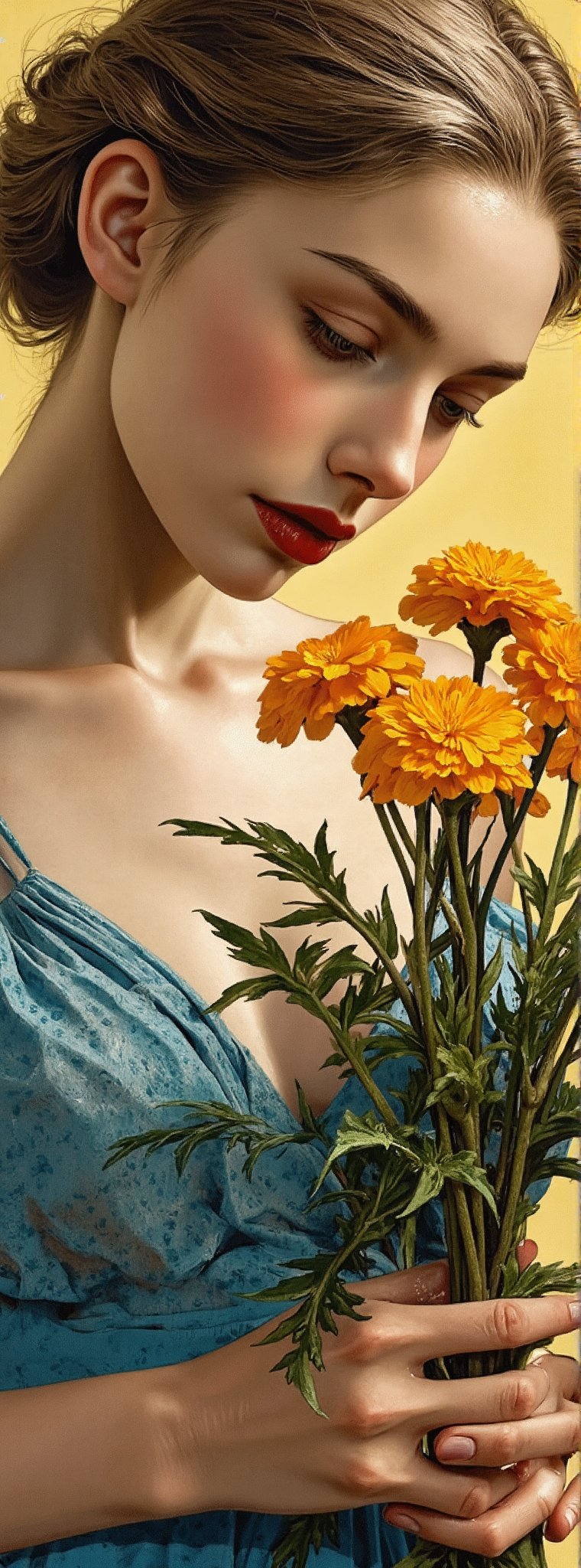 A portrait of a beautiful woman, mid-20's, wearing a blue sundress and holding marigold flowers, in the style of Vincent Van Gogh, an oil on canvas painting with expressive brushstrokes, emotional expression, vibrant colors, textured skin details, close-up, side angle with head looking at flowers