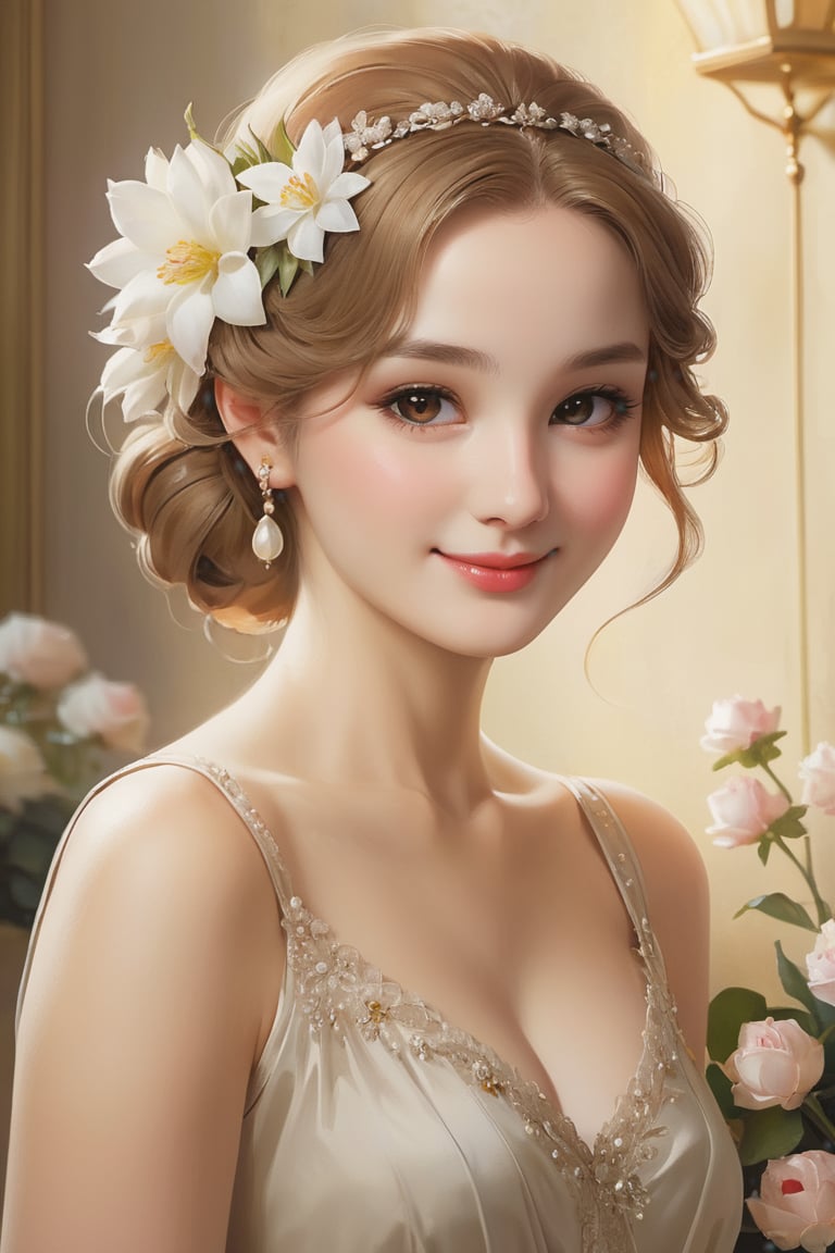 score_9, score_8_up, score_7_up, score_6_up,
Classic Portrait Painting: Timeless elegance, realistic depiction, mediable fasshion, soft lighting, capturing character., detailed skin, elegant smiling, flower_hair_ornament