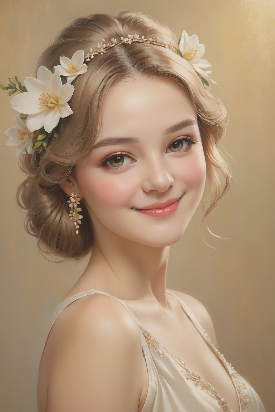 Classic Portrait Painting: Timeless elegance, realistic depiction, mediable fasshion, soft lighting, capturing character., detailed skin, elegant smiling, flower_hair_ornament