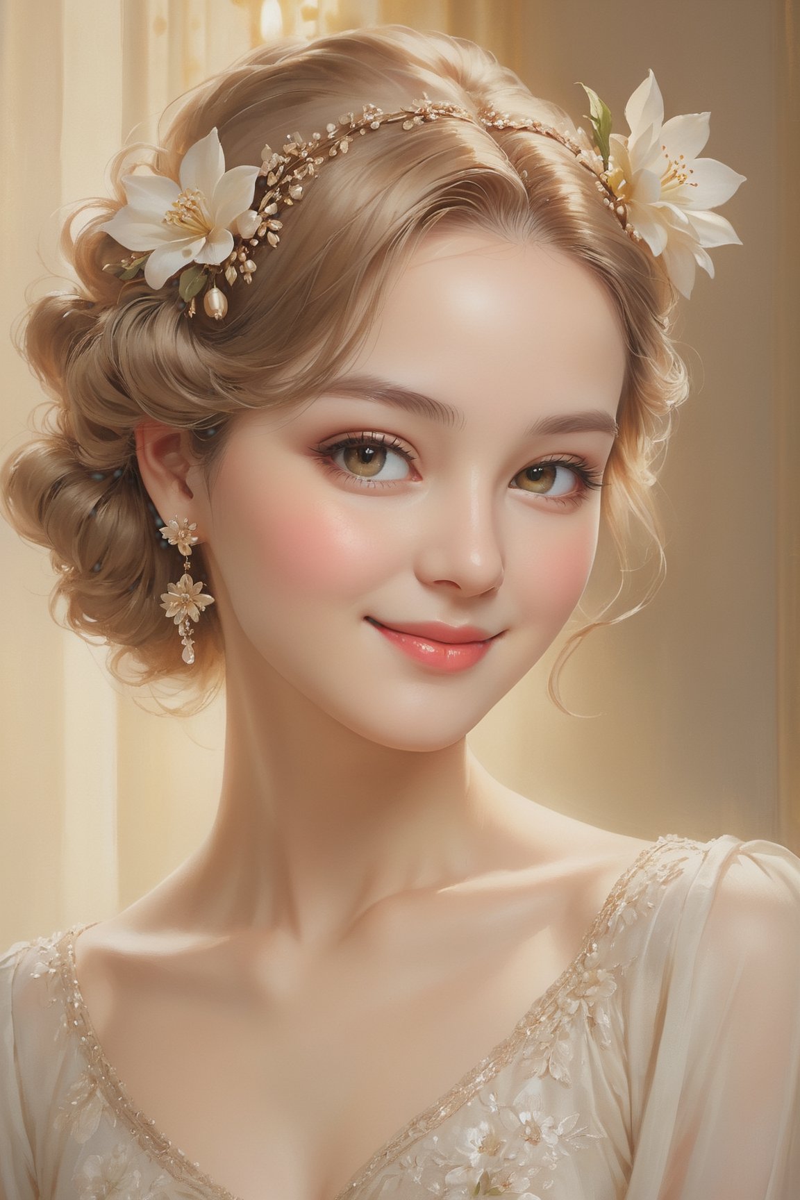 Classic Portrait Painting: Timeless elegance, realistic depiction, mediable fasshion, soft lighting, capturing character., detailed skin, elegant smiling, flower_hair_ornament