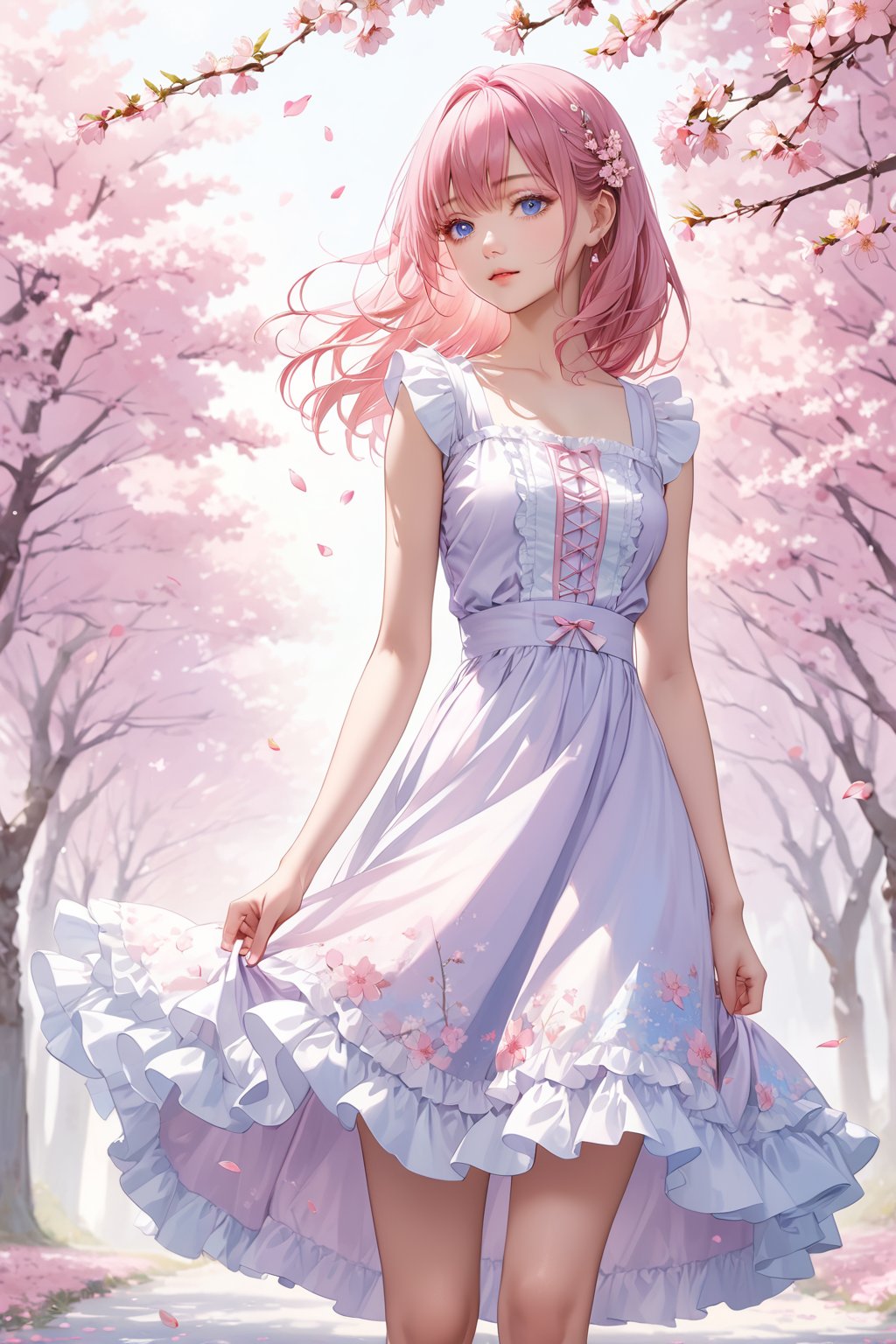 Anime girl with pink hair, blue eyes, wearing a frilly dress, stands beneath cherry blossom trees, petals drifting around her, soft pastel background, sakura theme, ultra fine details, digital painting.