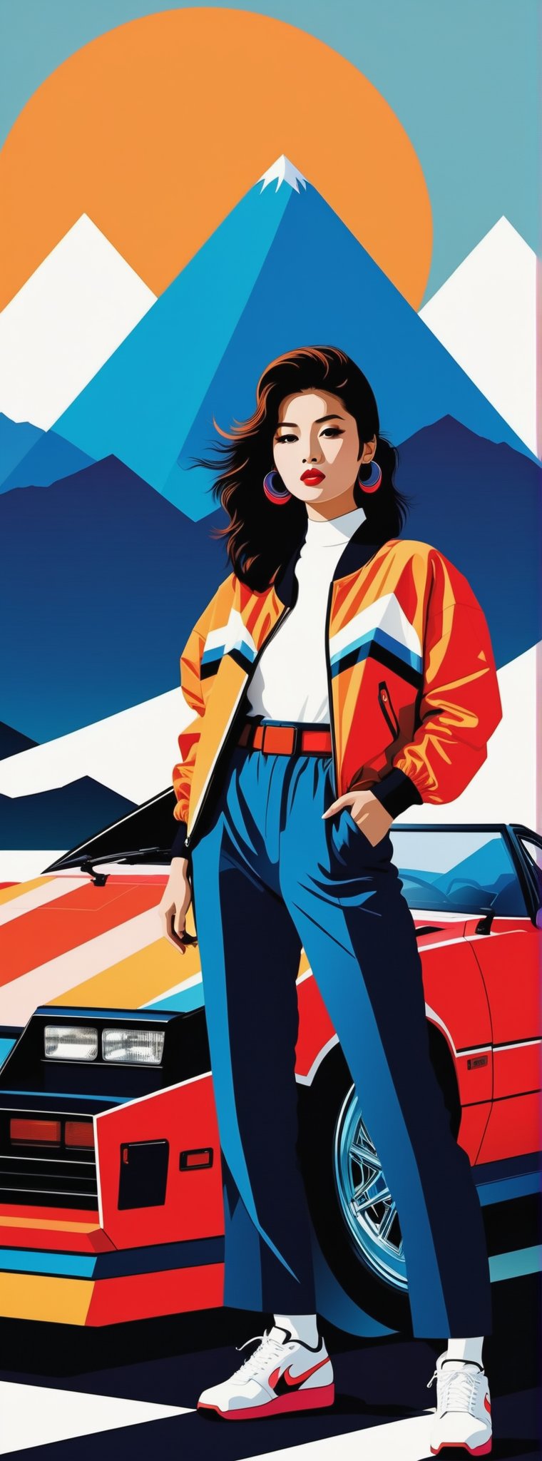 Japanese style, 80s retro vibe, j-pop model, aesthetic, motor sports design, geometric mountain background, retro-style sun.