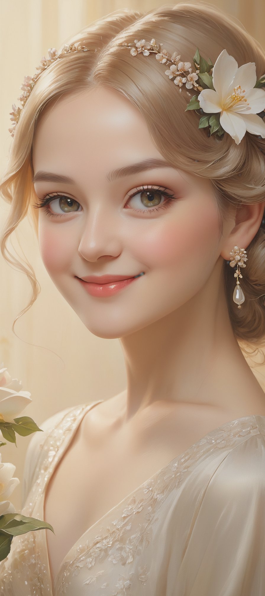 Classic Portrait Painting: Timeless elegance, realistic depiction, mediable fasshion, soft lighting, capturing character., detailed skin, elegant smiling, flower_hair_ornament