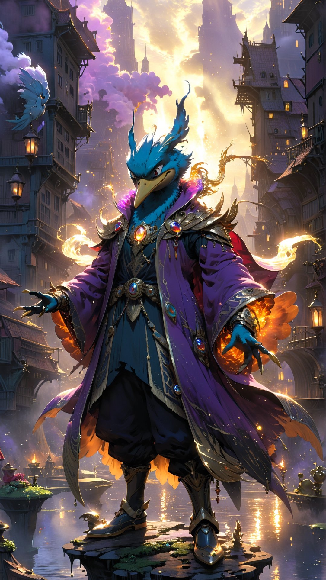 Fantasy Duck Sorcerer: Envision a duck character as a sorcerer, infused with extraordinary power, in an anime style. The character's eyes shimmer with energy, surrounded by a mystical aura, signifying immense magical abilities. Standing tall amidst a sprawling cityscape under a setting sun, the character exudes confidence and dominance. The scene blends fantasy elements with a touch of drama and action, capturing the essence of a powerful being in a moment of transformation.