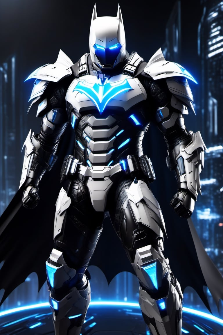 Create a powerful Hi-Tech armour suit,with Nano Technology, Nanotechnology batman white black Hi-Tech armour, glowing blue armour, shining polish armour, less with Hi-Tech tool and weapons, with some Hi-Tech dynamic poses, ,DonMASKTexXL ,mecha,cyberpunk style,Movie Still