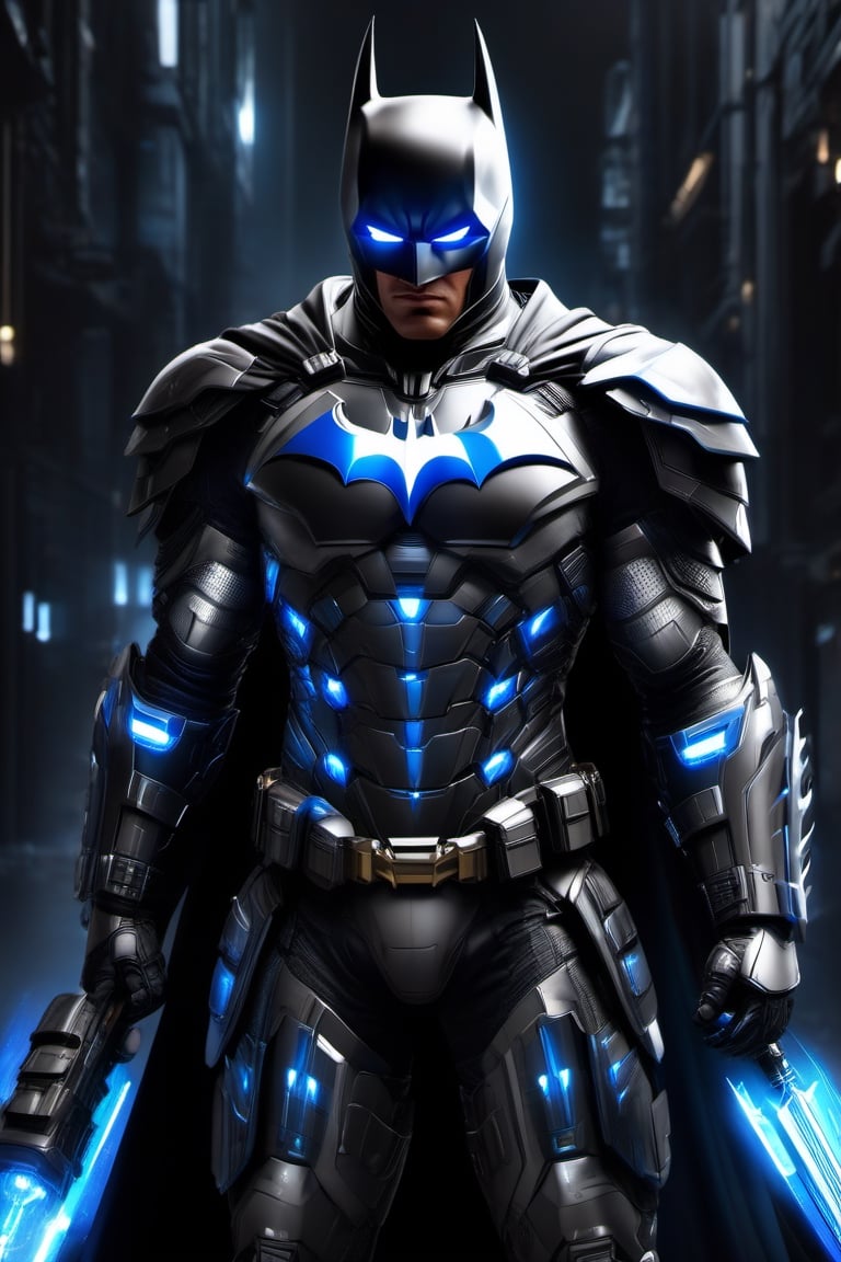 Create a powerful Hi-Tech armour suit, batman white black Hi-Tech armour, glowing blue armour, shining polish armour, less with Hi-Tech tool and weapons, with some Hi-Tech dynamic poses, ,DonMASKTexXL 