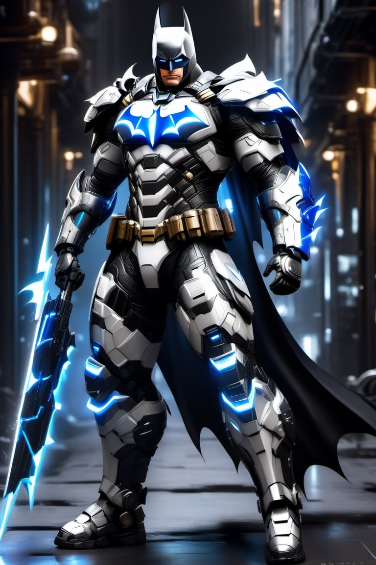 Create a powerful Hi-Tech armour suit, batman white black Hi-Tech armour, glowing blue armour, shining polish armour, less with Hi-Tech tool and weapons, with some Hi-Tech dynamic poses, ,DonMASKTexXL ,mecha