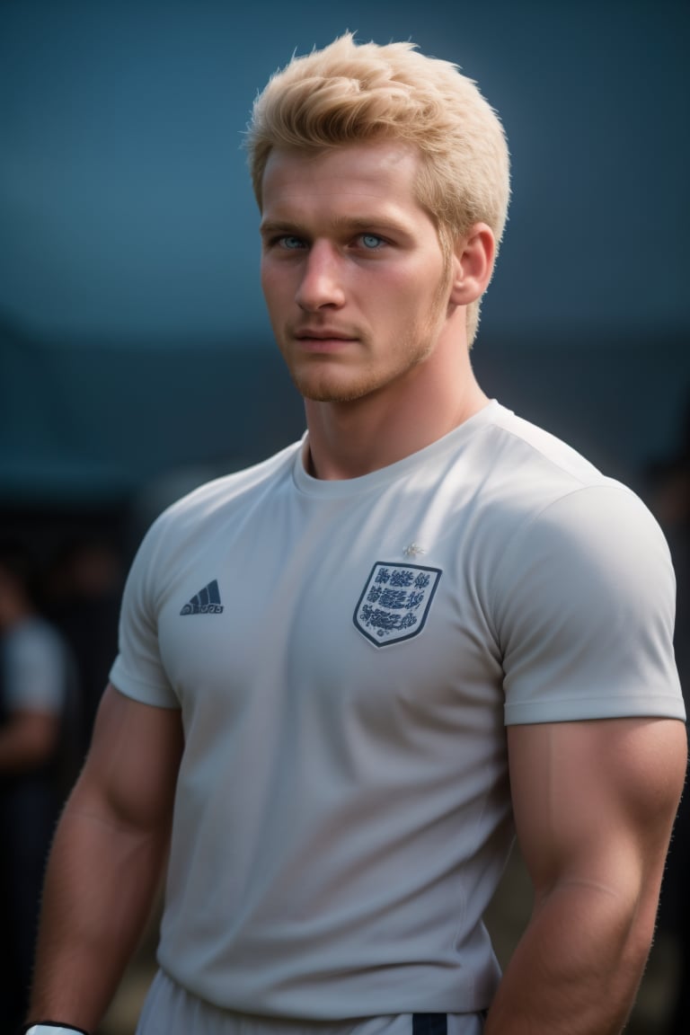 Realistic portrait of a handsome English football player, gazing directly into the camera with piercing blue eyes. Blonde hair and facial hair frame his chiseled features, broad shoulders, and muscular physique. He wears a large football shirt, shoulder pads, and head gear, with wristbands on display. The subject is set against a blurred background of a faded college party scene, complete with balloons and a distant crowd. The atmosphere is vibrant, colorful, and nostalgic, evoking feelings of happiness and nostalgia. Shot in UHD, this exceptional masterpiece is rendered in stunning 70mm depth of field, with a matte finish that accentuates the subject's rugged charm.