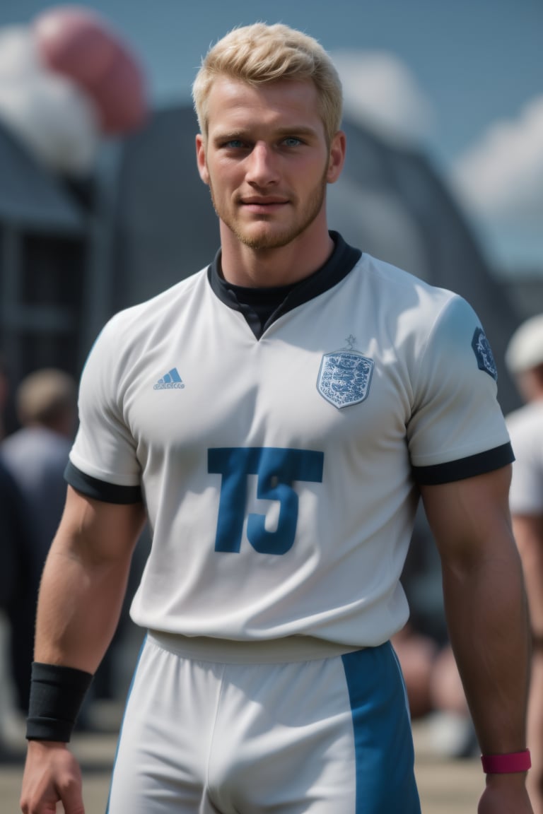 Capture a stunning album photo of a handsome English football player, blonde hair perfectly messy, facial hair scruffy yet stylish. His piercing blue eyes seem to gaze directly into the camera. Broad shoulders and chiseled muscles are on full display beneath a large football jersey and matching headgear. Wristbands add a pop of color to his rugged physique. The subject's face and upper body are sharply in focus, while the blurred college party background features balloons and a sea of happy faces, evoking nostalgia and vibrant energy. The overall mood is one of incredible joy and celebration.