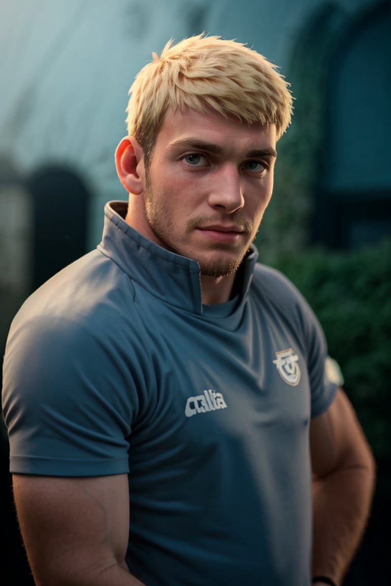 Realistic portrait of a handsome English football player, gazing directly into the camera with piercing blue eyes. Blonde hair and facial hair frame his chiseled features, broad shoulders, and muscular physique. He wears a large football shirt, shoulder pads, and head gear, with wristbands on display. The subject is set against a blurred background of a faded college party scene, complete with balloons and a distant crowd. The atmosphere is vibrant, colorful, and nostalgic, evoking feelings of happiness and nostalgia. Shot in UHD, this exceptional masterpiece is rendered in stunning 70mm depth of field, with a matte finish that accentuates the subject's rugged charm.,Laios Touden