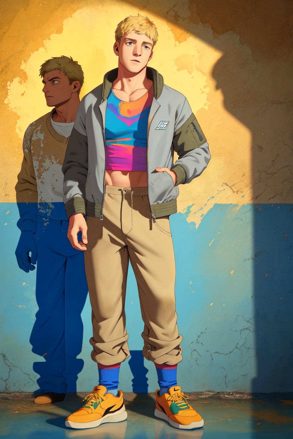 Laios Touden stands firm against the worn hall wall, his blonde hair a stark contrast to the faded backdrop. He wears a nylon jacket over a colorful undershirt, baggy pants, and Nike sneakers, his socks a pop of vibrancy amidst the drab surroundings. His eyes radiate rebellious energy as he gazes intensely into the distance. The vibrant hall comes alive with the hum of youthful excitement, depth of field rendering every detail in crystal-clear high-definition.