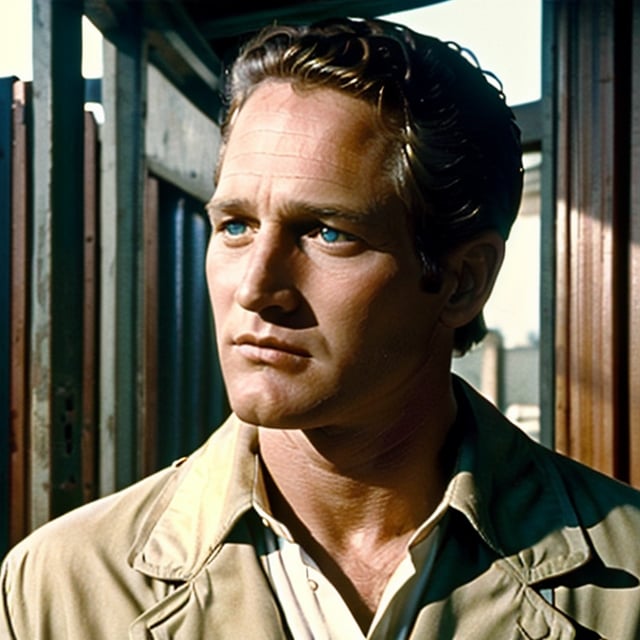 Movie scene of Paul Newman, blond hair, green eyes, 30 year old, male focus, sksman, colorful, cinematic, vintage, old movie scene, cinestill