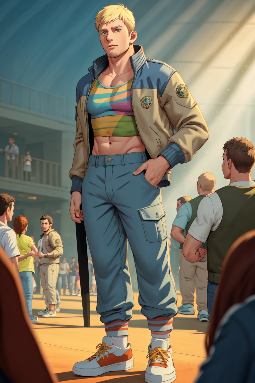 Rendered in stunning UHD, this fantastical realism masterpiece depicts Laios Touden standing firm against a faded high-school hall backdrop. The rebellious blonde, sporting a nylon jacket, colorful undershirt, and baggy pants, exudes confidence with his focused gaze. Nike sneakers and matching socks add a pop of contrast to the vibrant atmosphere. With a complex play of light on his features, Laios' handsome face takes center stage amidst a crowded hall scene, radiating joy and good vibes. The depth of field is rendered in exquisite high-definition detail using Renderman Engine for an unparalleled level of realism.