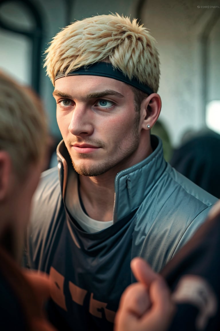 Realistic portrait of a handsome English football player, gazing directly into the camera with piercing blue eyes. Blonde hair and facial hair frame his chiseled features, broad shoulders, and muscular physique. He wears a large football shirt, shoulder pads, and head gear, with wristbands on display. The subject is set against a blurred background of a faded college party scene, complete with balloons and a distant crowd. The atmosphere is vibrant, colorful, and nostalgic, evoking feelings of happiness and nostalgia. Shot in UHD, this exceptional masterpiece is rendered in stunning 70mm depth of field, with a matte finish that accentuates the subject's rugged charm.,Laios Touden