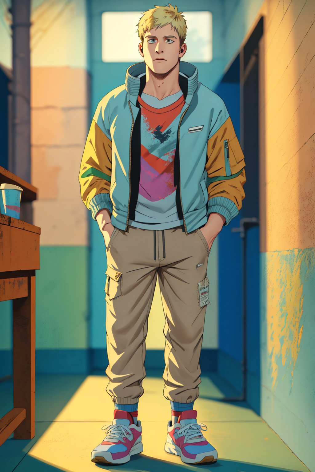 Laios Touden stands firm against the worn wall in a faded high-school hallway, his blonde hair messy and rebellious. He wears a bright nylon jacket over a colorful undershirt, baggy pants, and Nike sneakers, with socks pulled up to his knees. His intense gaze is focused straight ahead, as if defying the world. The vibrant atmosphere of the hall, once filled with students' laughter and chatter, now hangs heavy with nostalgia. The camera captures Laios in high-contrast, high-definition detail, his features rendered in vivid color against a soft, blurred background.