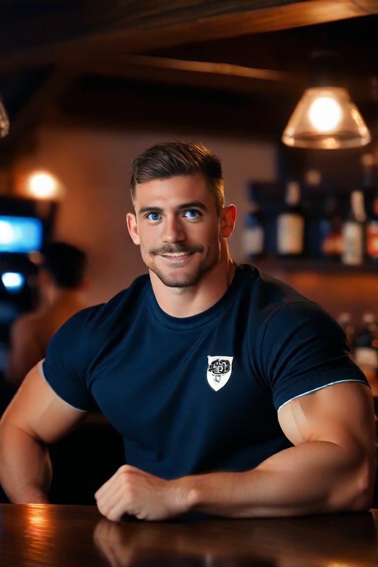 Ollie, a dashing and muscular English man, sits confidently at the pub's wooden bar, his rugged features accentuated by the soft glow of the overhead lighting. His short, dark hair is neatly trimmed, and his brow facial hair adds to his masculine charm. Those piercing blue eyes sparkle as he blushes slightly, his expression warm and inviting. In the background, Ollie's teammates fade into the dimly lit pub atmosphere, their faces obscured by the soft focus. The camera captures every detail with hyper-realistic precision, rendering a photorealistic masterpiece in stunning high-definition.