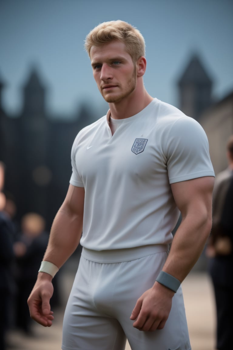 Realistic portrait of a handsome English football player, gazing directly into the camera with piercing blue eyes. Blonde hair and facial hair frame his chiseled features, broad shoulders, and muscular physique. He wears a large football shirt, shoulder pads, and head gear, with wristbands on display. The subject is set against a blurred background of a faded college party scene, complete with balloons and a distant crowd. The atmosphere is vibrant, colorful, and nostalgic, evoking feelings of happiness and nostalgia. Shot in UHD, this exceptional masterpiece is rendered in stunning 70mm depth of field, with a matte finish that accentuates the subject's rugged charm.