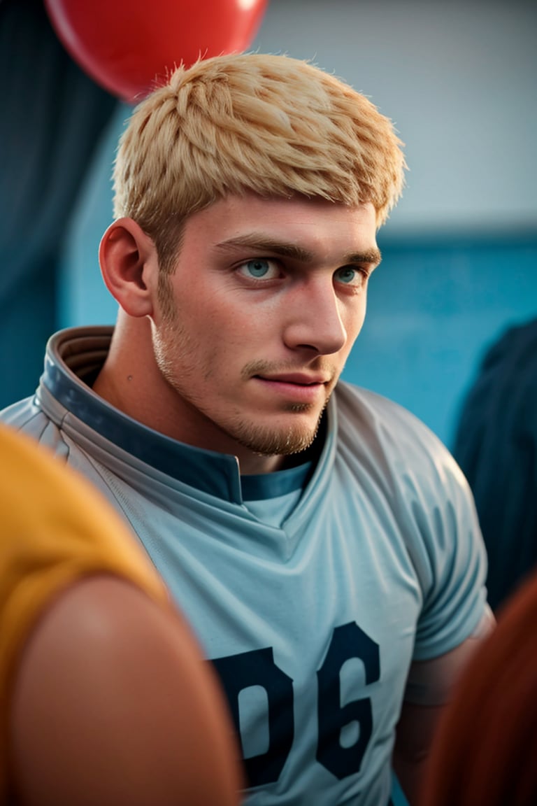 Realistic portrait of a handsome English football player, gazing directly into the camera with piercing blue eyes. Blonde hair and facial hair frame his chiseled features, broad shoulders, and muscular physique. He wears a large football shirt, shoulder pads, and head gear, with wristbands on display. The subject is set against a blurred background of a faded college party scene, complete with balloons and a distant crowd. The atmosphere is vibrant, colorful, and nostalgic, evoking feelings of happiness and nostalgia. Shot in UHD, this exceptional masterpiece is rendered in stunning 70mm depth of field, with a matte finish that accentuates the subject's rugged charm.,Laios Touden