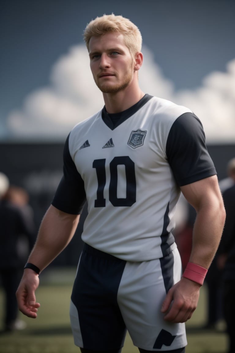 A majestic portrait of a blonde-haired footballer, his piercing blue eyes radiating confidence. Broad shoulders and chiseled muscles are showcased beneath a large football jersey, complete with shoulder and head gear. Wristbands adorn his forearms as he strikes a powerful pose against a faded college party backdrop, balloons and blurred crowd adding to the nostalgic ambiance. The subject's blonde facial hair adds a touch of rugged charm to this exceptional masterpiece, captured in stunning UHD detail at 70mm depth of field.