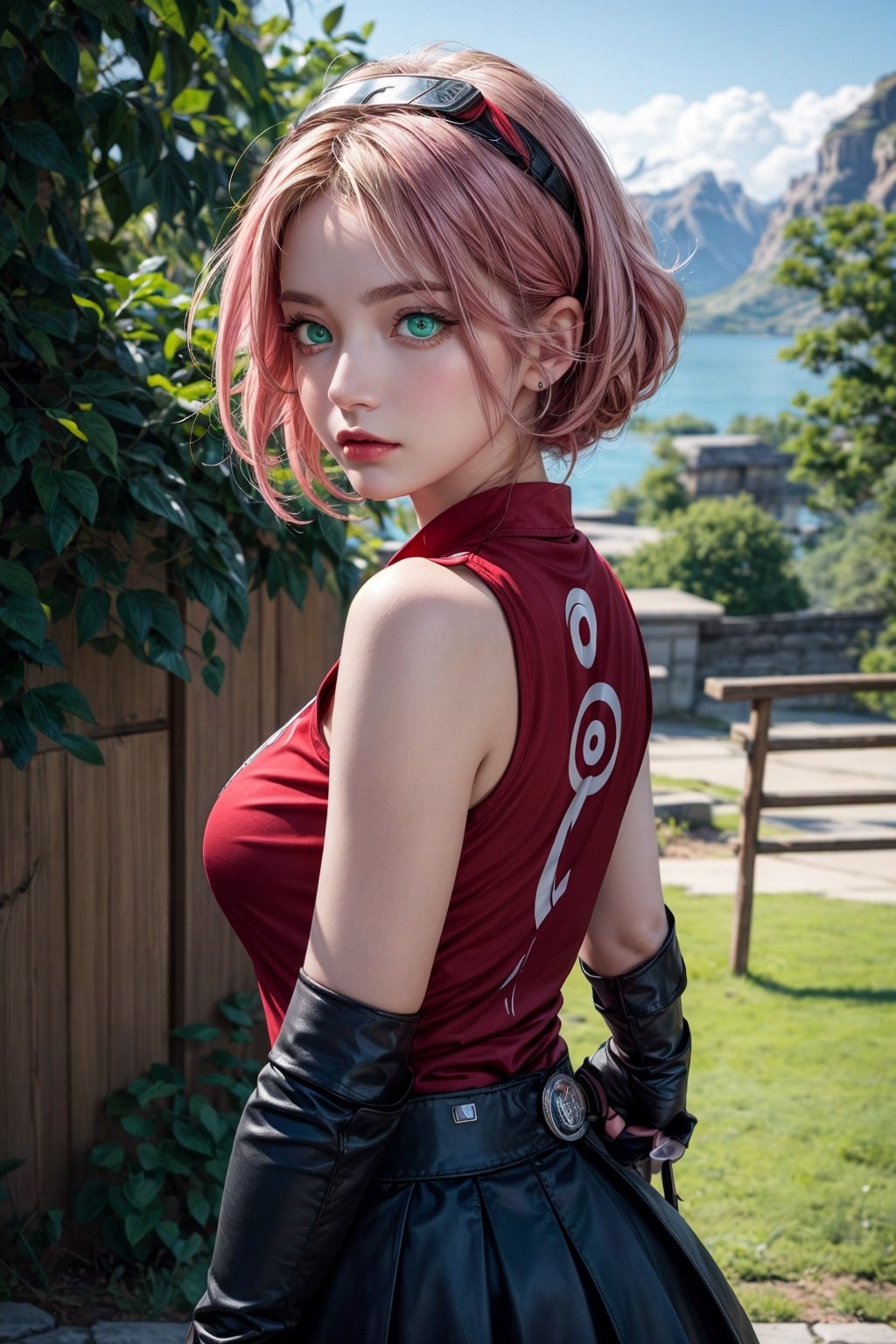 {{{masterpiece}}}, {{{best quality}}}, {{{ultra-detailed}}}, {cinematic lighting}, {illustration}, 1girl, sakura haruno, (green eyes:1.5), konoha sign on hairban, short hair, pink hair, bare shoulders, black short skirt, black gloves, diamond mark on forehead, konohagakure symbol, ninja, (red shirt:1.5), shirt, sleeveless, sleeveless shirt, sexy ass, big breasts, cleavage, holding kunai, pretty face, pretty eyes, nice hands,  perfect body, pretty nose, ninja village in background, abs