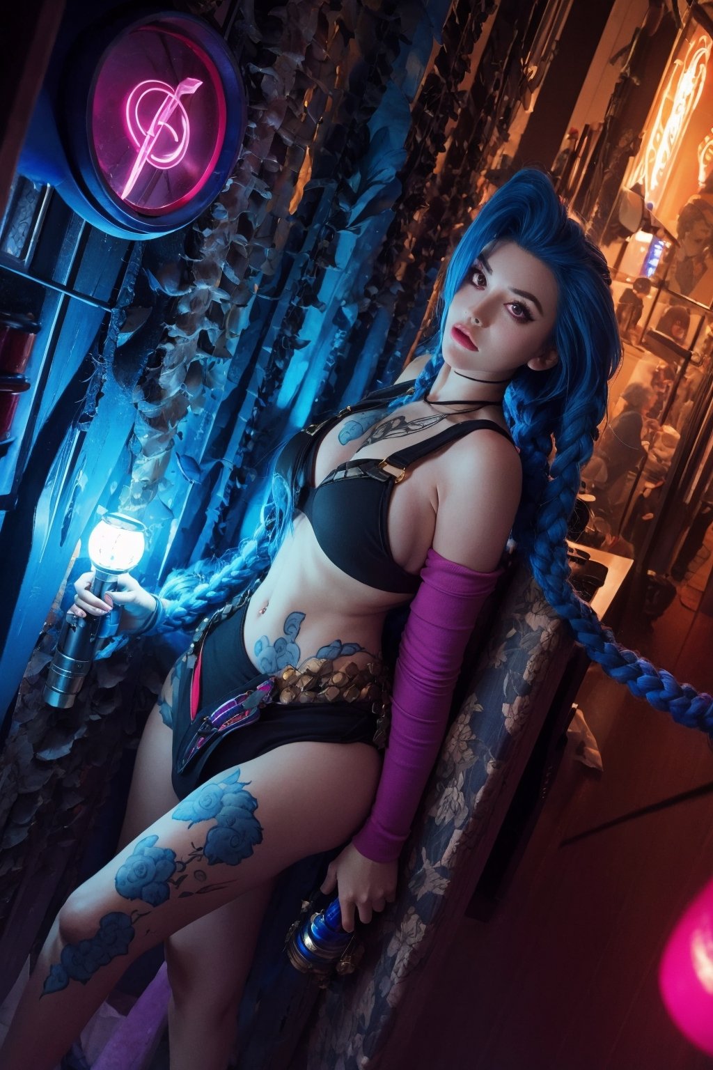 Holding_gun, (best quality, masterpiece, colorful, dynamic angle, highest detailed)(Jinx, Legue of Legends, Arcane), big_boobs, intense blue long hair, Jinx, Arcane, flirting, bokeh, (intricate details, hyperdetailed:1.15), full-body_portrait ,JinxLol,underboob tattoo,ase_sese