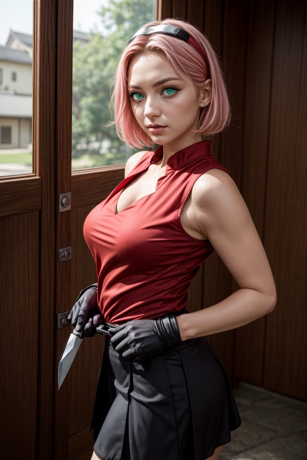 {{{masterpiece}}}, {{{best quality}}}, {{{ultra-detailed}}}, {cinematic lighting}, {illustration}, 1girl, sakura haruno, (green eyes:1.5), konoha sign on hairban, short hair, pink hair, bare shoulders, black short skirt, black gloves, diamond mark on forehead, konohagakure symbol, ninja, (red shirt:1.5), shirt, sleeveless, sleeveless shirt, sexy ass, big breasts, cleavage, holding kunai, pretty face, pretty eyes, nice hands,  perfect body, pretty nose, full-body_portrait