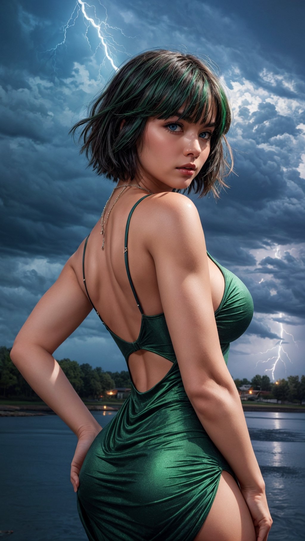 {{{masterpiece}}}, {{{best quality}}}, {{{ultra-detailed}}}, {cinematic lighting}, {illustration}, 1girl, Fubuki, short hair, green hair, green shine, taut green dress, big Pearl necklaces, sexy ass, sexy breasts, cleavage, pretty face, pretty eyes, white coat outside,3DMM, lightning, bad weather background, cast lightning on hand