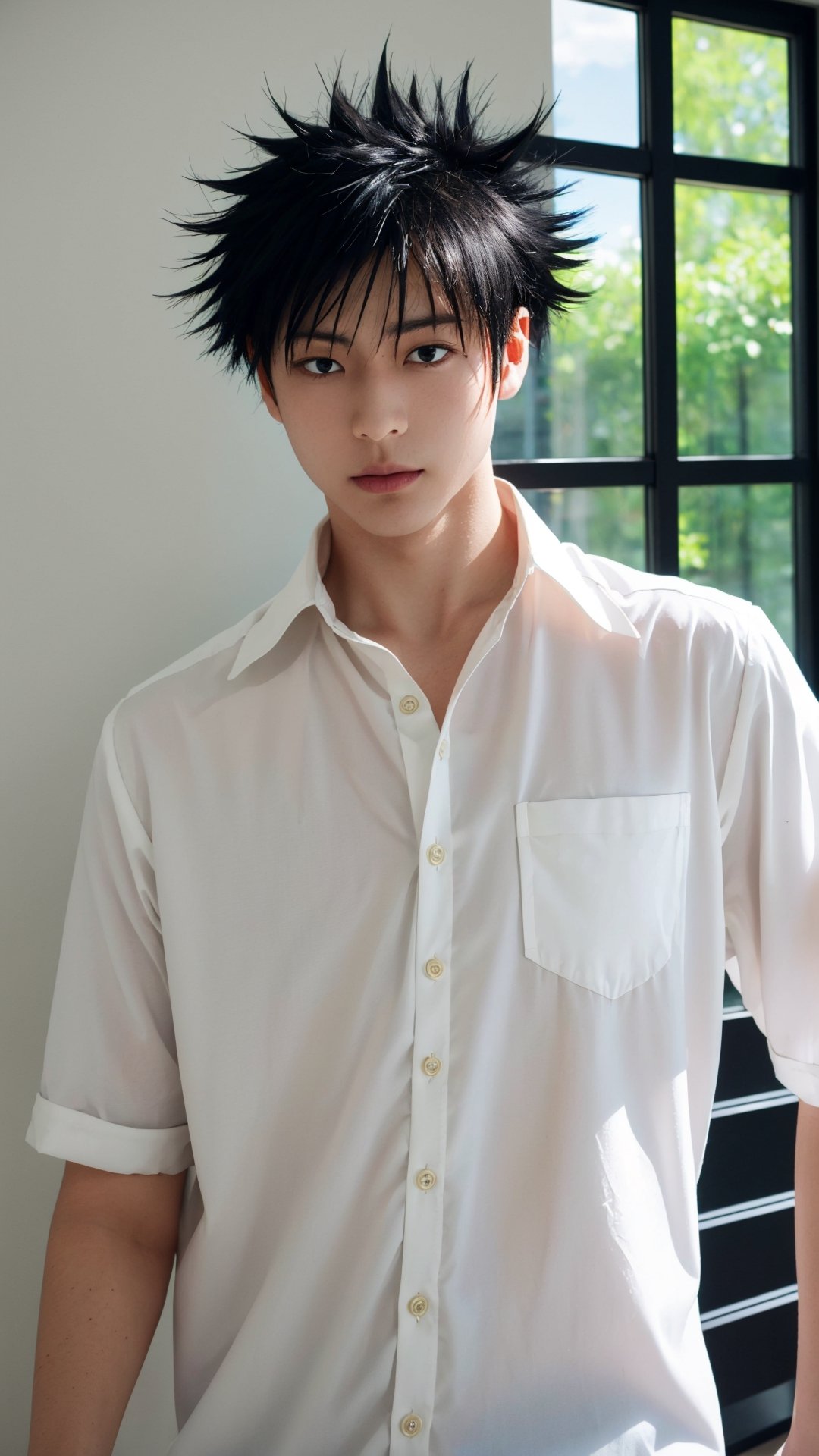 masterpiece, best quality, high quality, 1boy, solo, male focus, looking at viewer, upper body, fushiguro_megumi, black hair, spiked hair, black eyes, old china kungfu shirt, 8k