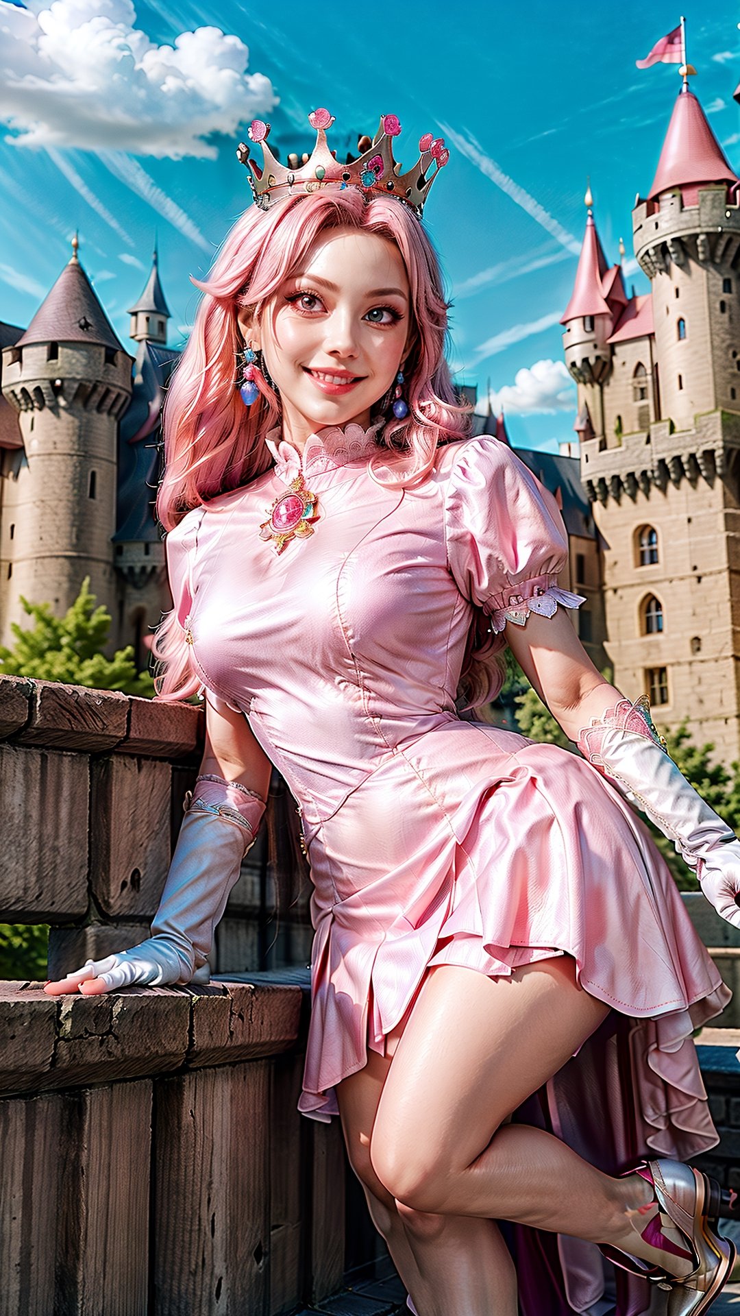 Peach_SMP,  masterpiece, best quality, highres, full body, far view, pch, pink dress, brooch, puffy sleeves, short sleeves, smile, elbow gloves, earrings, crown, outside of castle, view from below, detailed face, long leg, 4k, wear pink high heel