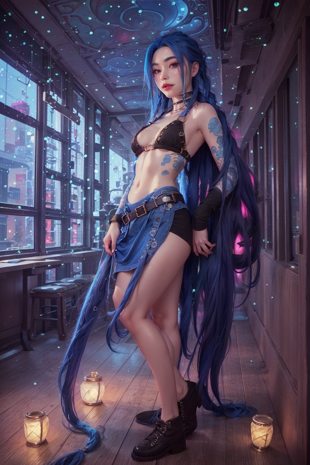 (best quality, masterpiece, colorful, dynamic angle, highest detailed)(Jinx, Legue of Legends, Arcane) upper body professional photo, big_boobs, intense blue long hair, Jinx, Arcane, flirting, bokeh, (intricate details, hyperdetailed:1.15), sunlight passing through hair, full-body_portrait ,JinxLol,1 girl, under_boob,yuzu