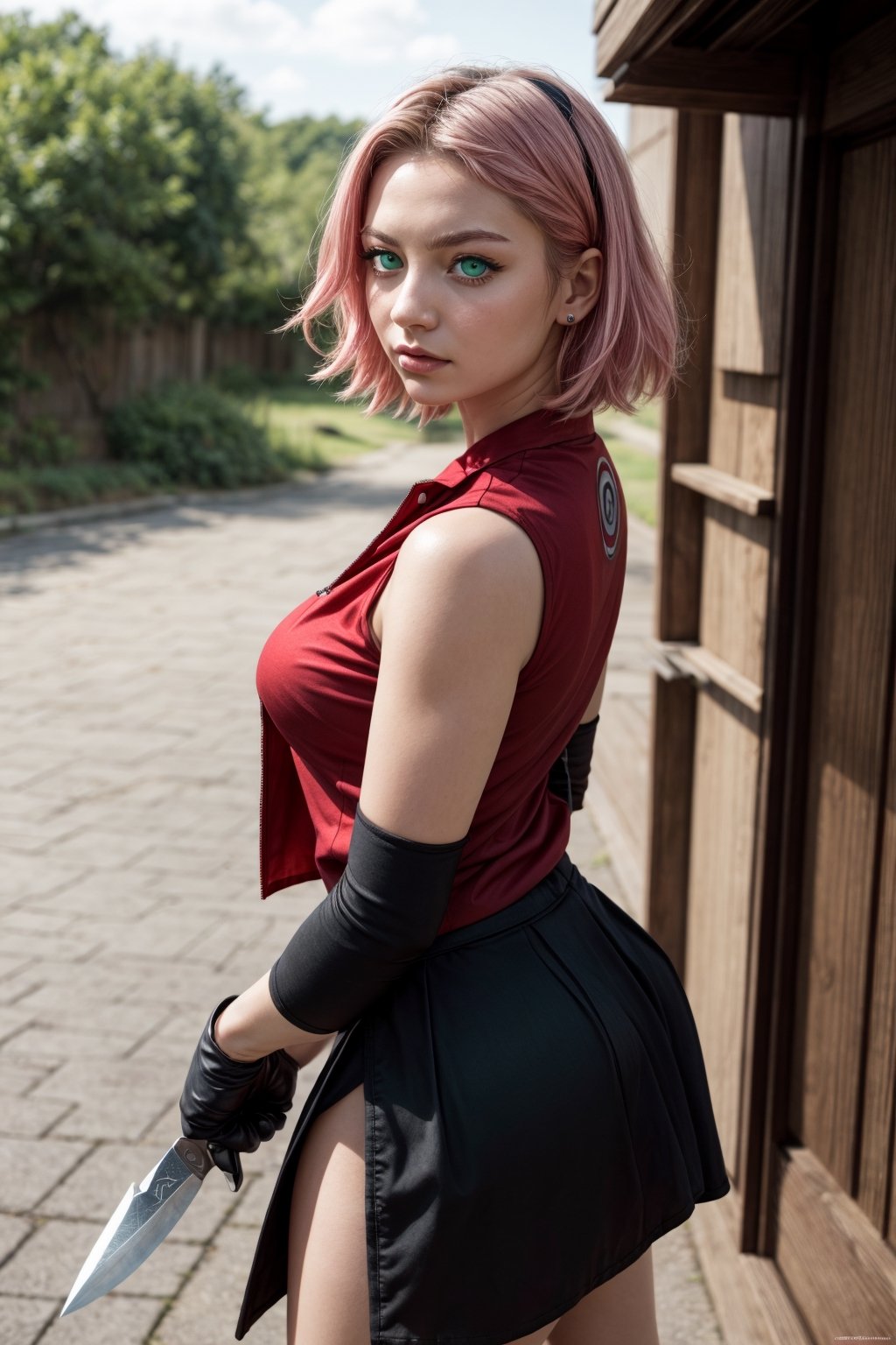 {{{masterpiece}}}, {{{best quality}}}, {{{ultra-detailed}}}, {cinematic lighting}, {illustration}, 1girl, sakura haruno, (green eyes:1.5), konoha sign on hairban, short hair, pink hair, bare shoulders, black short skirt, black gloves, diamond mark on forehead, konohagakure symbol, ninja, (red shirt:1.5), shirt, sleeveless, sleeveless shirt, sexy ass, big breasts, cleavage, holding kunai, pretty face, pretty eyes, nice hands,  perfect body, pretty nose, ninja village in background,Highkick to the sky