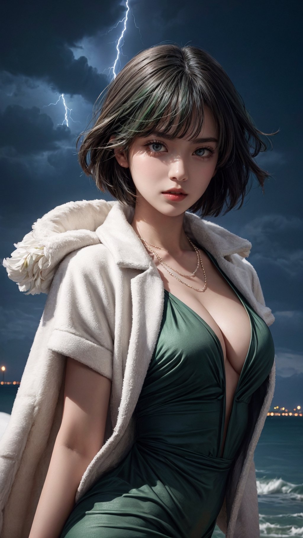 {{{masterpiece}}}, {{{best quality}}}, {{{ultra-detailed}}}, {cinematic lighting}, {illustration}, 1girl, Fubuki, short hair, green hair, green shine, taut green dress, big necklace, sexy ass, sexy breasts, cleavage, pretty face, pretty eyes, white coat outside,3DMM, lightning, bad weather background