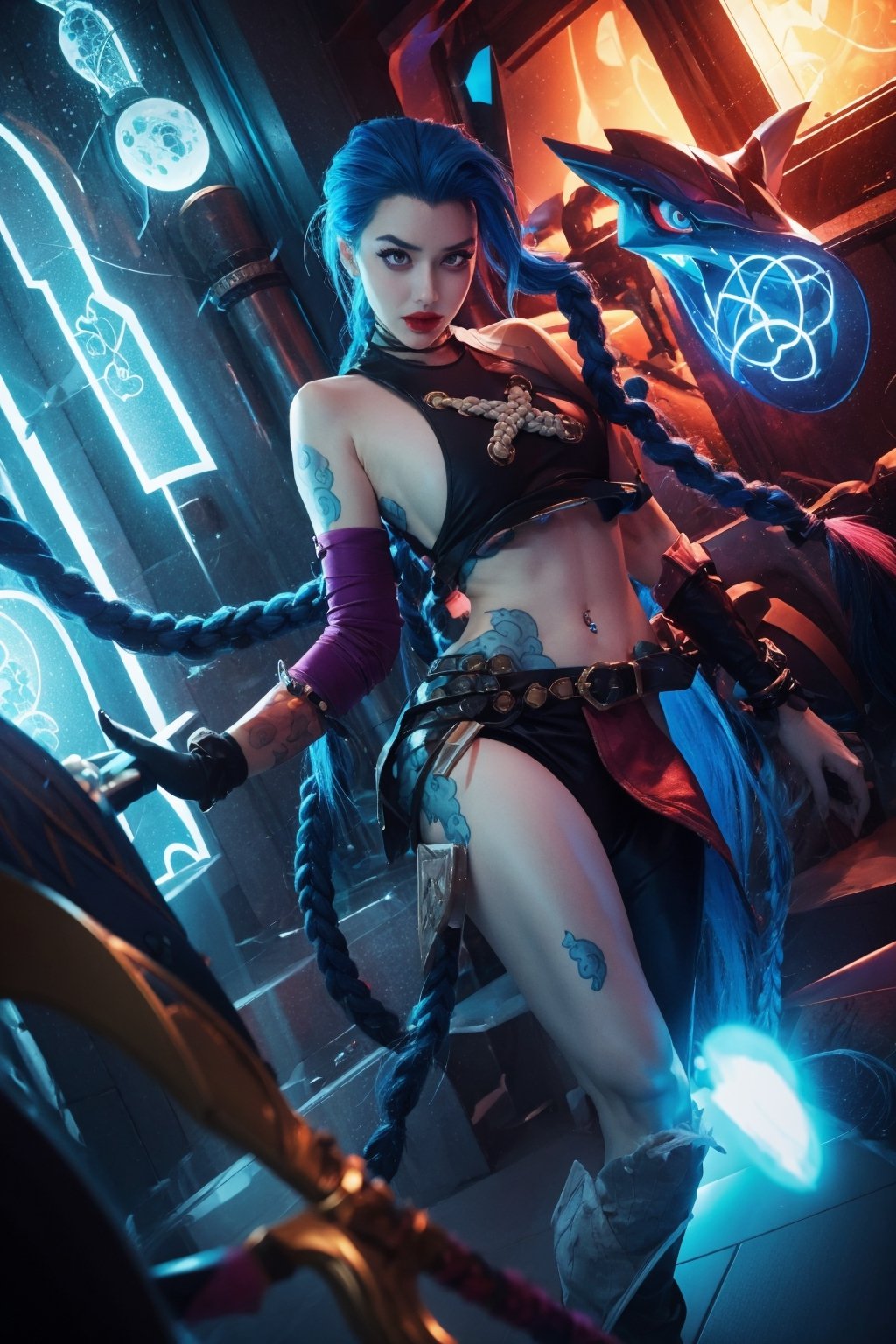 Holding_gun, (best quality, masterpiece, colorful, dynamic angle, highest detailed)(Jinx, Legue of Legends, Arcane), big_boobs, intense blue long hair, Jinx, Arcane, flirting, bokeh, (intricate details, hyperdetailed:1.15), full-body_portrait ,JinxLol,underboob tattoo,ase_sese