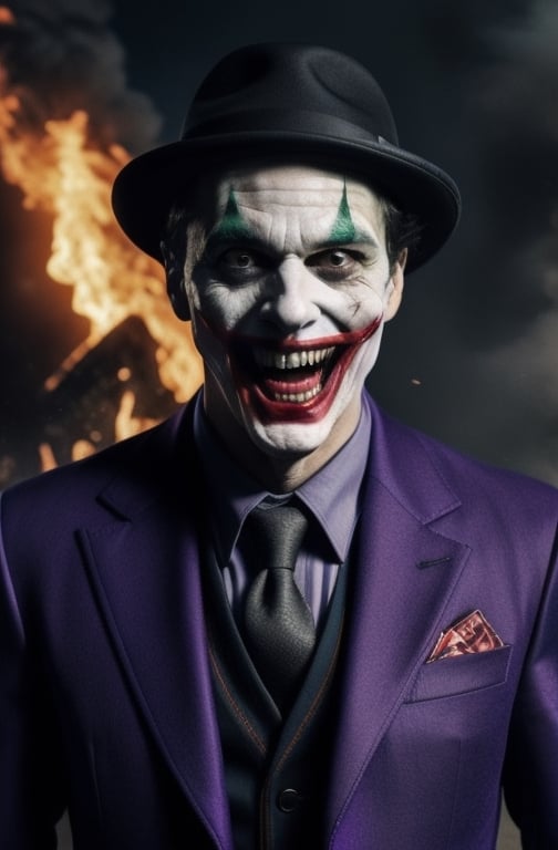 the joker ,  dc_(comics)  ,white flesh , decomposing skin ,zombie human.white skin , open mouth ,fangs, houses on fire background  ), portrait, in a suit, purple coat, long coat, purple  hat on his head,purple trousers,allblacksuit, detailed,bigbyTWAS_soul3142,monster