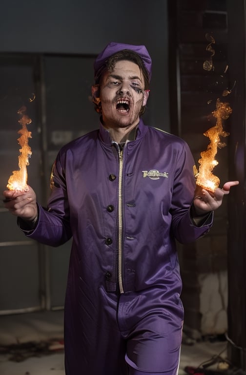 the joke,  dc_(comics)  ,white flesh , decomposing skin ,zombie human.white skin , open mouth ,fangs, houses on fire background  ), portrait, in a prisoner suit, purple coat, long coat, purple  hat on his head,purple trousers,allblacksuit, detailed,bigbyTWAS_soul3142,monster