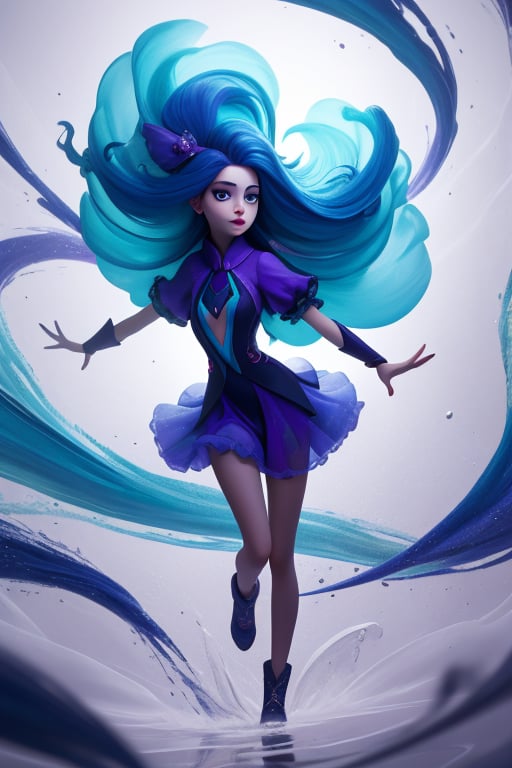 A young woman's ethereal form radiates against a canvas of swirling colourful paint splashes,  set against a transparent b...