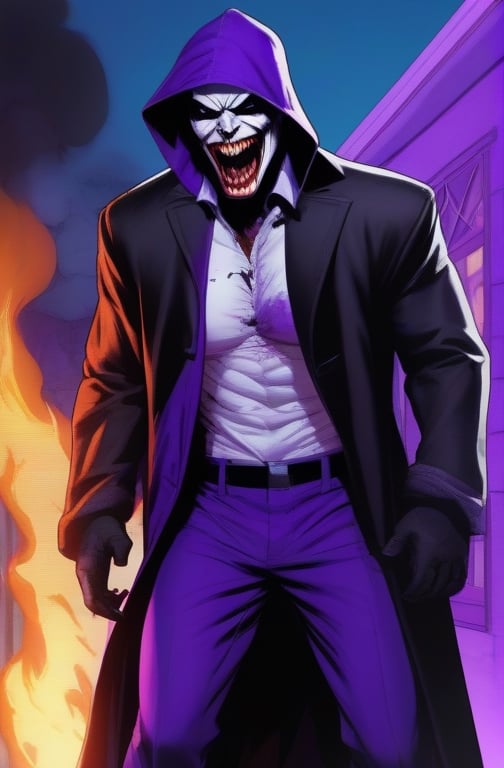 the joke,  dc_(comics)  ,white flesh , decomposing skin ,zombie human.white skin , open mouth ,fangs, houses on fire background  ), portrait, in a prisoner suit, purple coat, long coat, purple  hat on his head,purple trousers,allblacksuit, detailed,bigbyTWAS_soul3142,monster