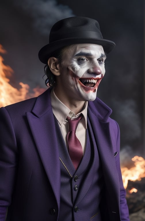 the joker ,  dc_(comics)  ,white flesh , decomposing skin ,zombie human.white skin , open mouth ,fangs, houses on fire background  ), portrait, in a suit, purple coat, long coat, purple  hat on his head,purple trousers,allblacksuit, detailed,bigbyTWAS_soul3142,monster