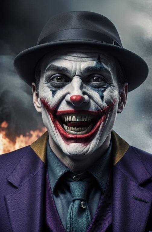 the joker ,  dc_(comics)  ,white flesh , decomposing skin ,zombie human.white skin , open mouth ,fangs, houses on fire background  ), portrait, in a suit, purple coat, long coat, purple  hat on his head,purple trousers,allblacksuit, detailed,bigbyTWAS_soul3142,monster